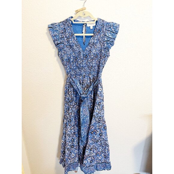 Cleobella Autumn Midi Dress Paisley Print Flutter Sleeve Smocked Blue Small - Picture 3 of 8